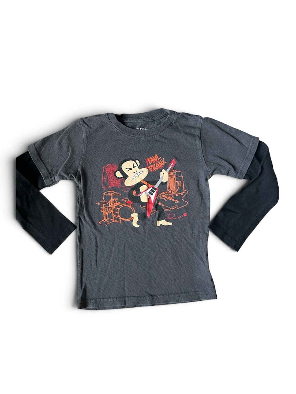 Paul Frank Gray & Black Layered-Look Long Sleeve Tee with Red Graphic
